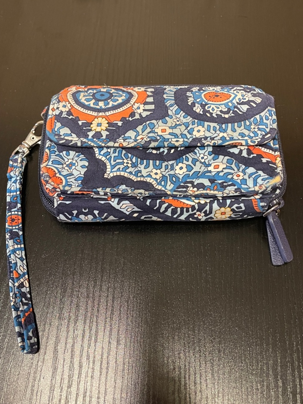 Vera Bradley Navy Blue Floral Zip Wristlet Wallet with Orange Accents